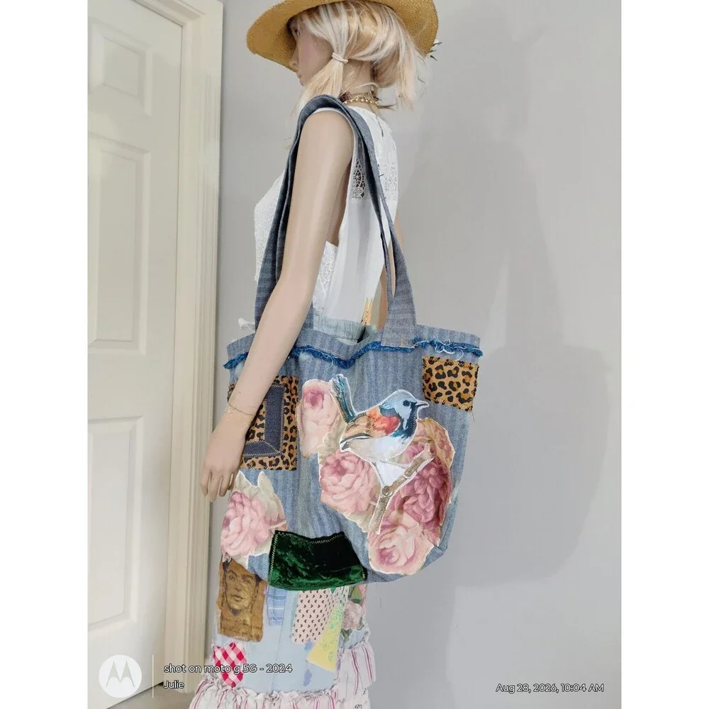 Denim Patchwork Tote Bag Applique Reclaimed Fabric Oversized Boho Handbag
